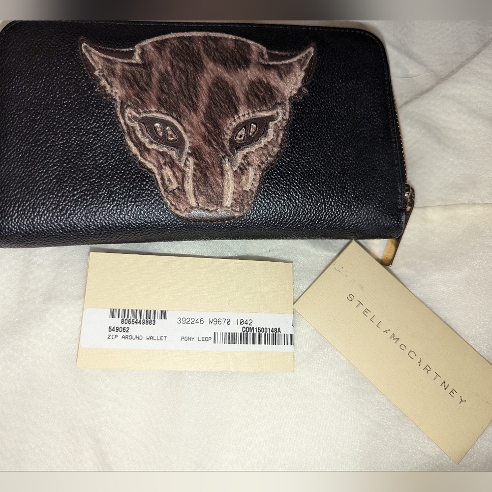 Stella McCartney Vegan Leather Calf Hair Leopard Zip Wallet Black COA VGUC - Picture 4 of 10